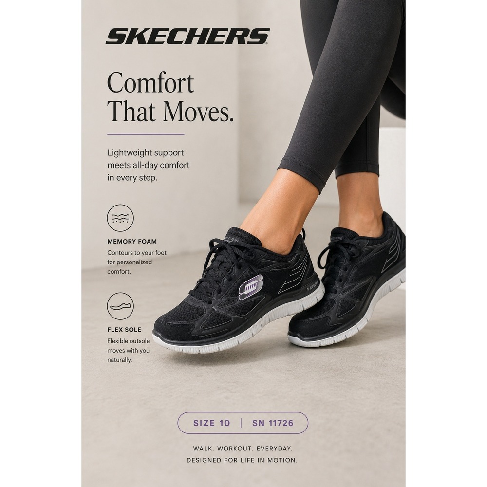 Skechers Flex Sole Sneakers Women 10 Black Memory Foam SN 11726 Walking Shoes